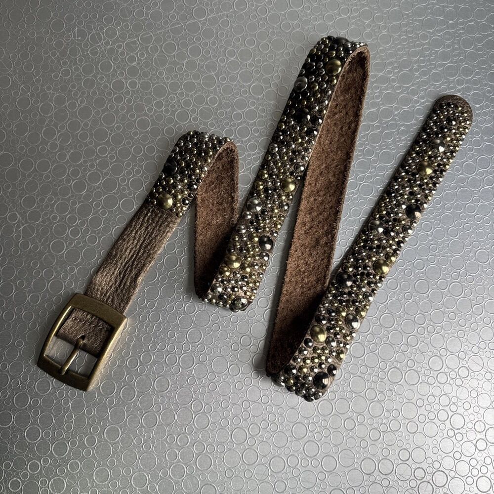 Vintage Heavily Studded Bronze Sueded Leather Belt Metallic Boho Y2K - Size L 38